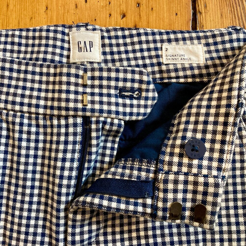 GAP Size 2 Signature Skinny Ankle Work Pants, Blue and White Checkered Pattern